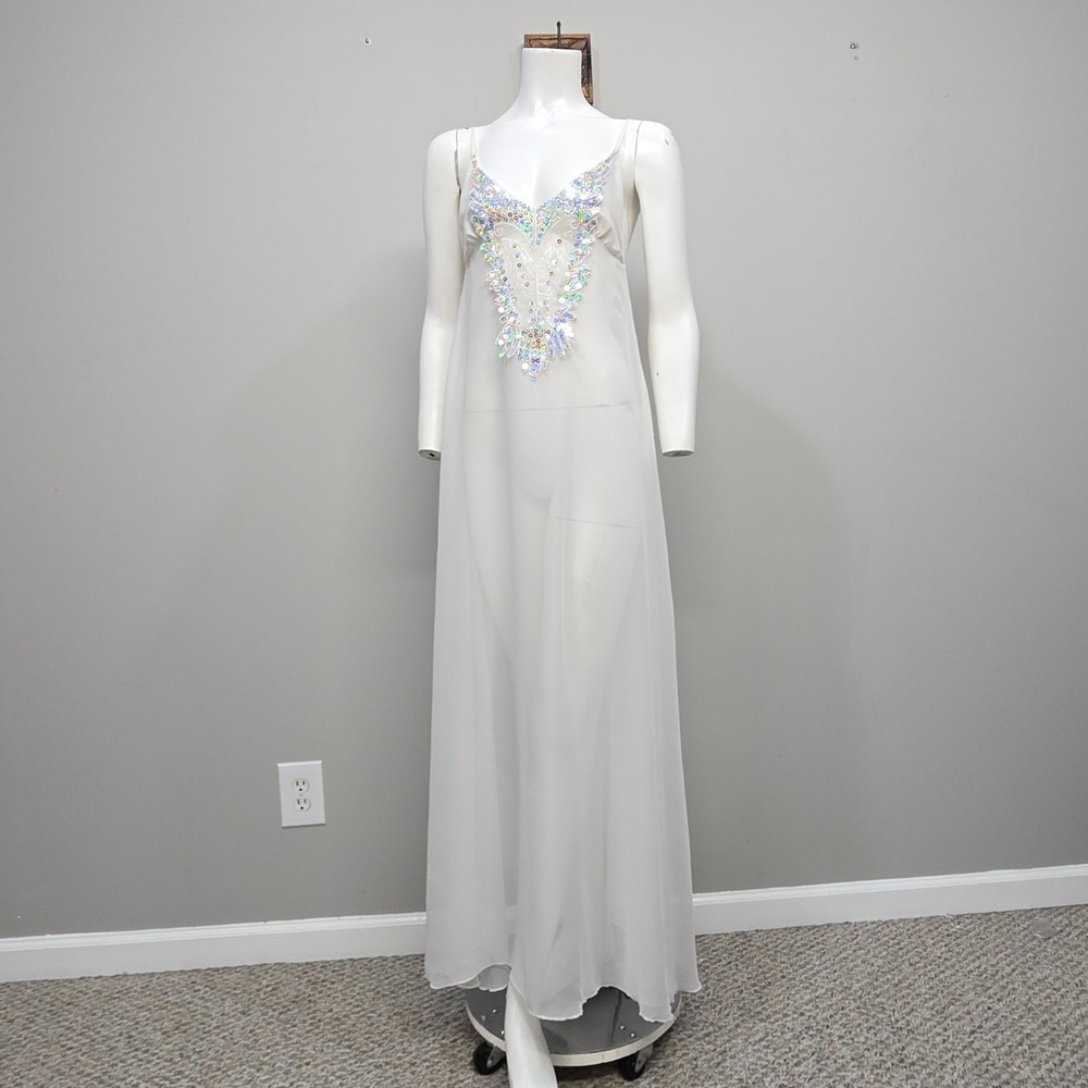 Elegant Moments Butterfly Lingerie Gown Small White Sequin Sheer Bridal Fairy